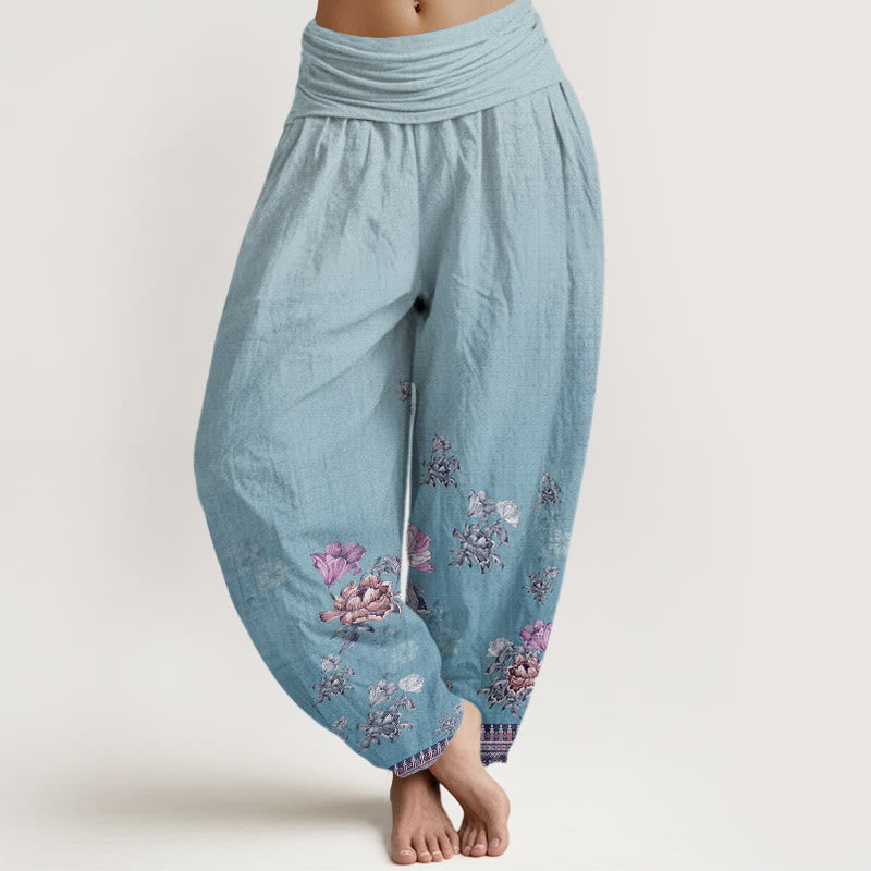 Buddha Stones Cotton Casual Plant Peony Petals Pattern Women's Elastic Waist Harem Pants - LightSkyBlue - US22，UK/AU26，EU54 (6XL) - image 7