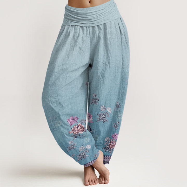 Buddha Stones Cotton Casual Plant Peony Petals Pattern Women's Elastic Waist Harem Pants - LightSkyBlue - US22，UK/AU26，EU54 (6XL) - image 7
