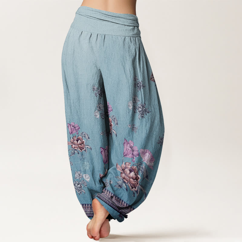 Buddha Stones Cotton Casual Plant Peony Petals Pattern Women's Elastic Waist Harem Pants - image 9