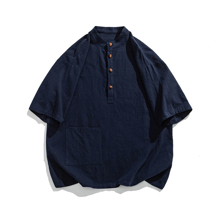 Buddha Stones Casual Half Frog-Button Design Stand Collar Tang Suit Men's Half Sleeve Cotton Shirt With Pocket - image 8