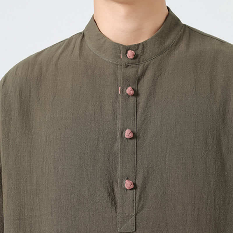 Buddha Stones Casual Half Frog-Button Design Stand Collar Tang Suit Men's Half Sleeve Cotton Shirt With Pocket - image 29