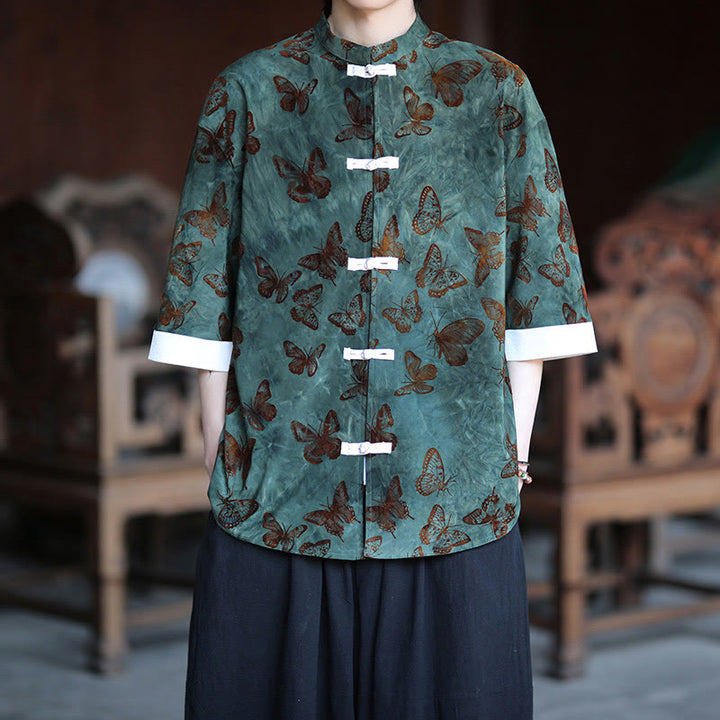 Buddha Stones Jacquard Butterfly Pattern White Frog-Button Design Stand Collar Men's Three Quarter Sleeve Cotton Shirt Cardigan - SeaGreen - US/UK/AU46，EU56 (5XL) - image 0