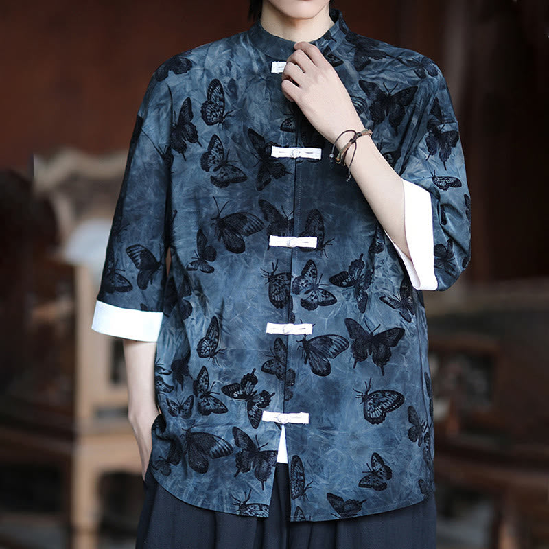 Buddha Stones Jacquard Butterfly Pattern White Frog-Button Design Stand Collar Men's Three Quarter Sleeve Cotton Shirt - image 12