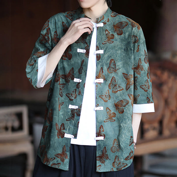 Buddha Stones Jacquard Butterfly Pattern White Frog-Button Design Stand Collar Men's Three Quarter Sleeve Cotton Shirt - image 3