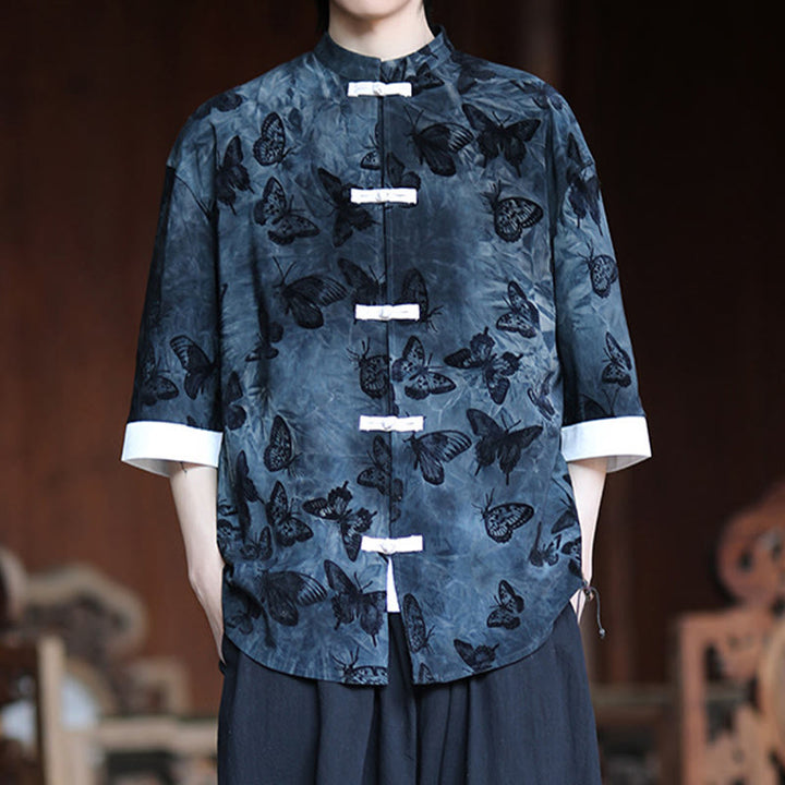 Buddha Stones Jacquard Butterfly Pattern White Frog-Button Design Stand Collar Men's Three Quarter Sleeve Cotton Shirt - image 9