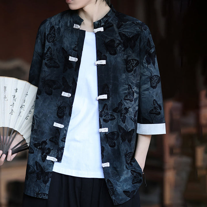 Buddha Stones Jacquard Butterfly Pattern White Frog-Button Design Stand Collar Men's Three Quarter Sleeve Cotton Shirt - image 15