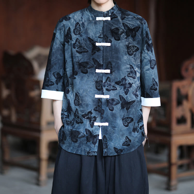 Buddha Stones Jacquard Butterfly Pattern White Frog-Button Design Stand Collar Men's Three Quarter Sleeve Cotton Shirt - image 10