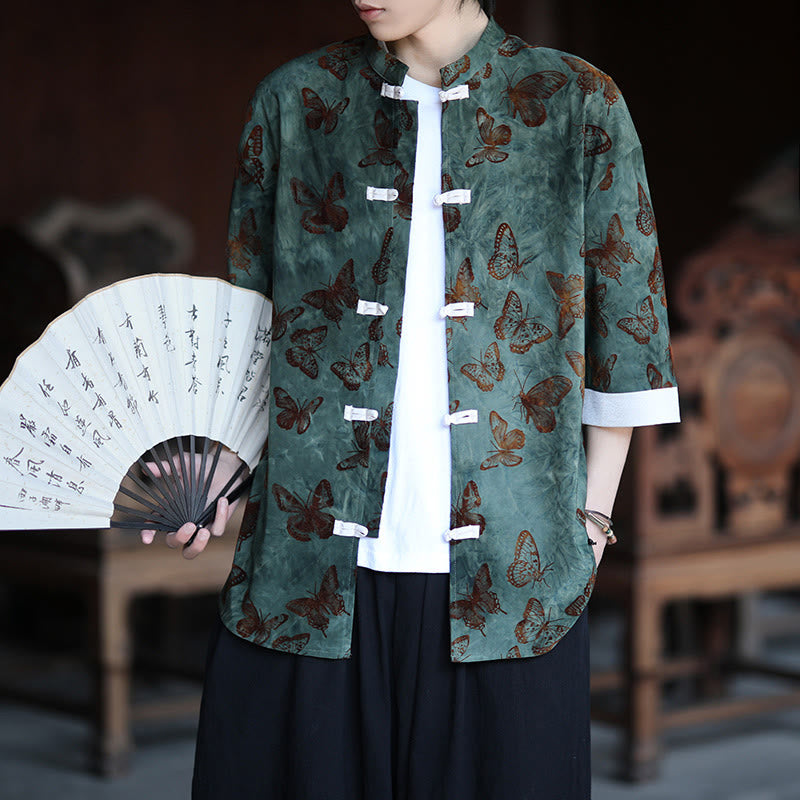 Buddha Stones Jacquard Butterfly Pattern White Frog-Button Design Stand Collar Men's Three Quarter Sleeve Cotton Shirt - image 1