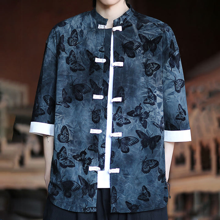 Buddha Stones Jacquard Butterfly Pattern White Frog-Button Design Stand Collar Men's Three Quarter Sleeve Cotton Shirt Cardigan - image 13