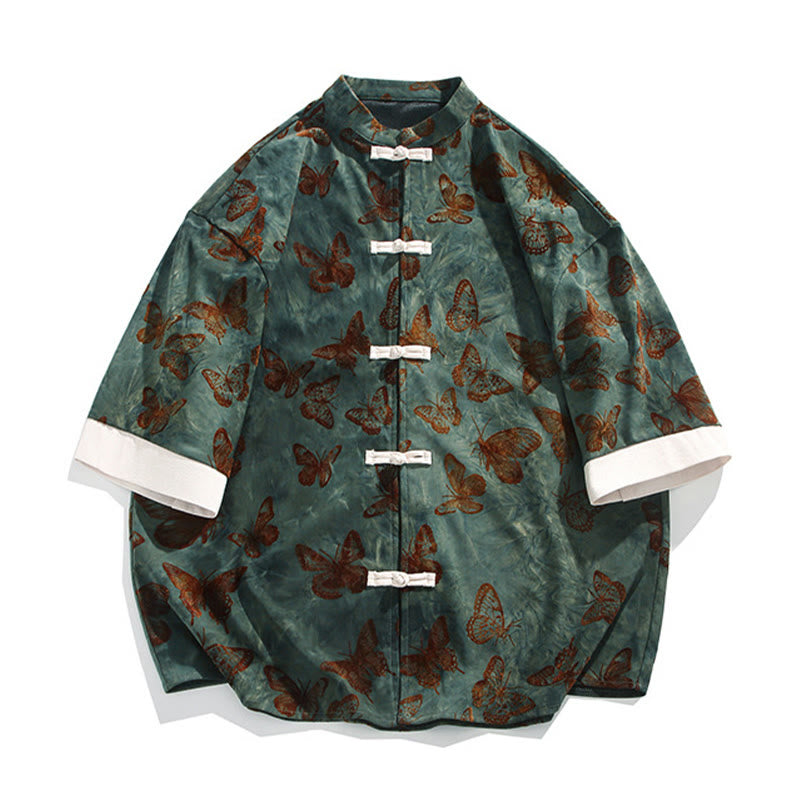 Buddha Stones Jacquard Butterfly Pattern White Frog-Button Design Stand Collar Men's Three Quarter Sleeve Cotton Shirt - image 7