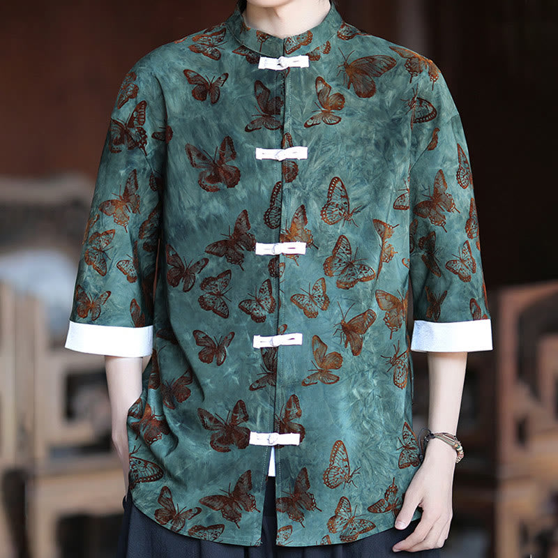 Buddha Stones Jacquard Butterfly Pattern White Frog-Button Design Stand Collar Men's Three Quarter Sleeve Cotton Shirt - image 5