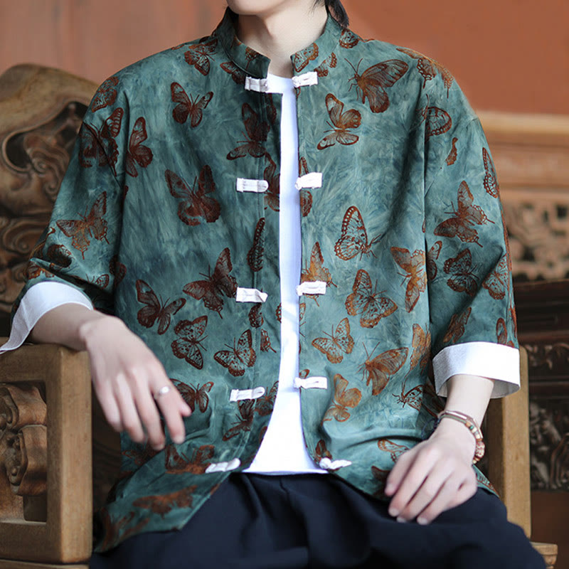 Buddha Stones Jacquard Butterfly Pattern White Frog-Button Design Stand Collar Men's Three Quarter Sleeve Cotton Shirt - image 6