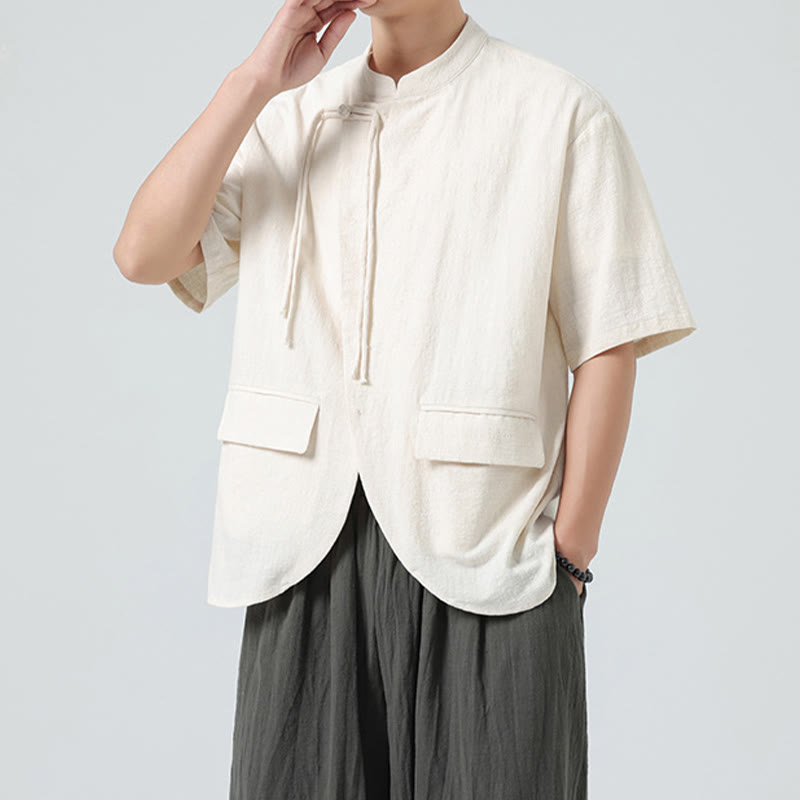 Buddha Stones Vintage Solid Color Irregular Hem Design Stand Collar Men's Half Sleeve Cotton Shirt Cardigan With Pockets - image 1