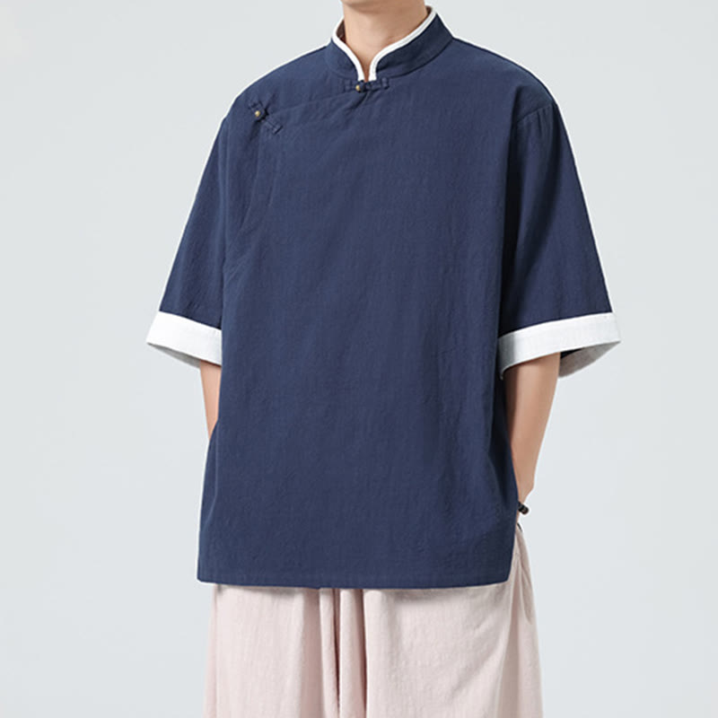 Buddha Stones Vintage Spring Color Matching Collar Slanted Placket Design Men's Half Sleeve Cotton Linen Shirt - MidnightBlue - US/UK/AU46，EU56 (5XL) - image 0