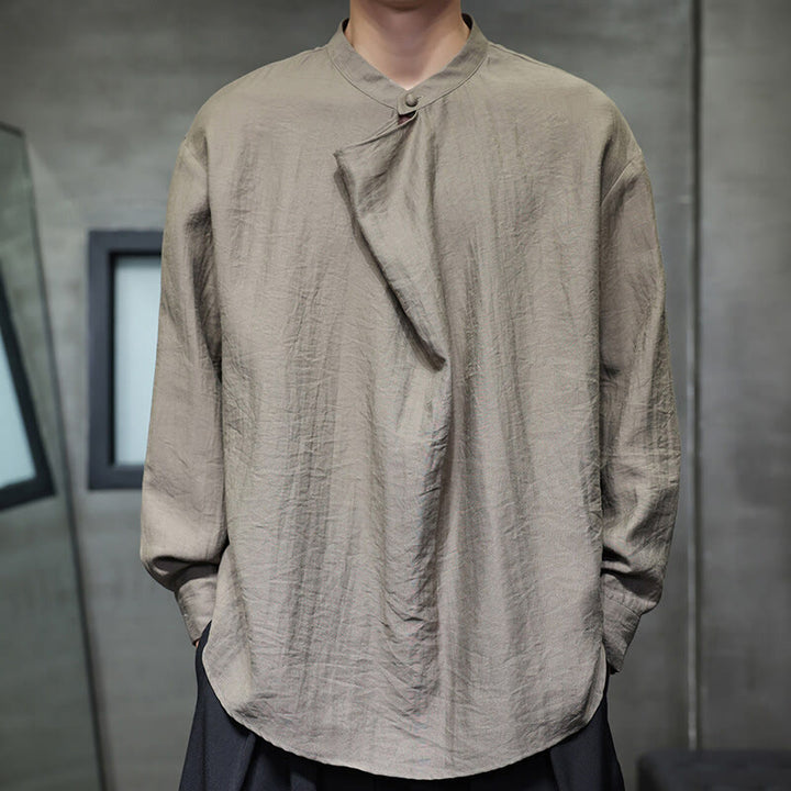 Buddha Stones Spring Solid Color Pleated Stand Collar Design Tang Suit Men's Long Sleeve Linen Shirt - image 3