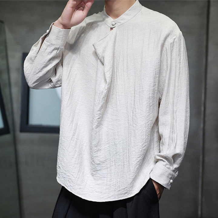Buddha Stones Spring Solid Color Pleated Stand Collar Design Tang Suit Men's Long Sleeve Linen Shirt - image 18