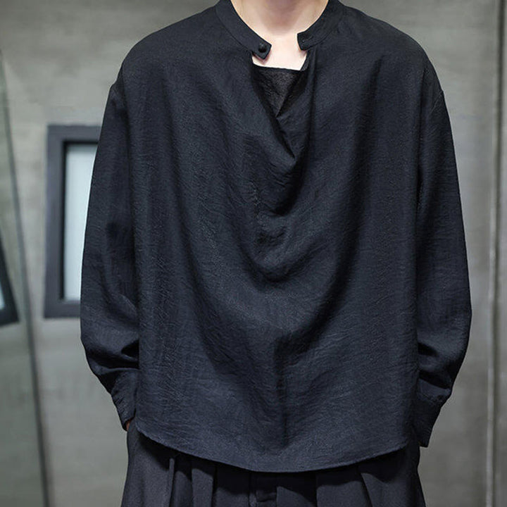 Buddha Stones Spring Solid Color Pleated Stand Collar Design Tang Suit Men's Long Sleeve Linen Shirt - image 10