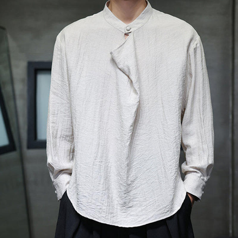 Buddha Stones Spring Solid Color Pleated Stand Collar Design Tang Suit Men's Long Sleeve Linen Shirt - image 19