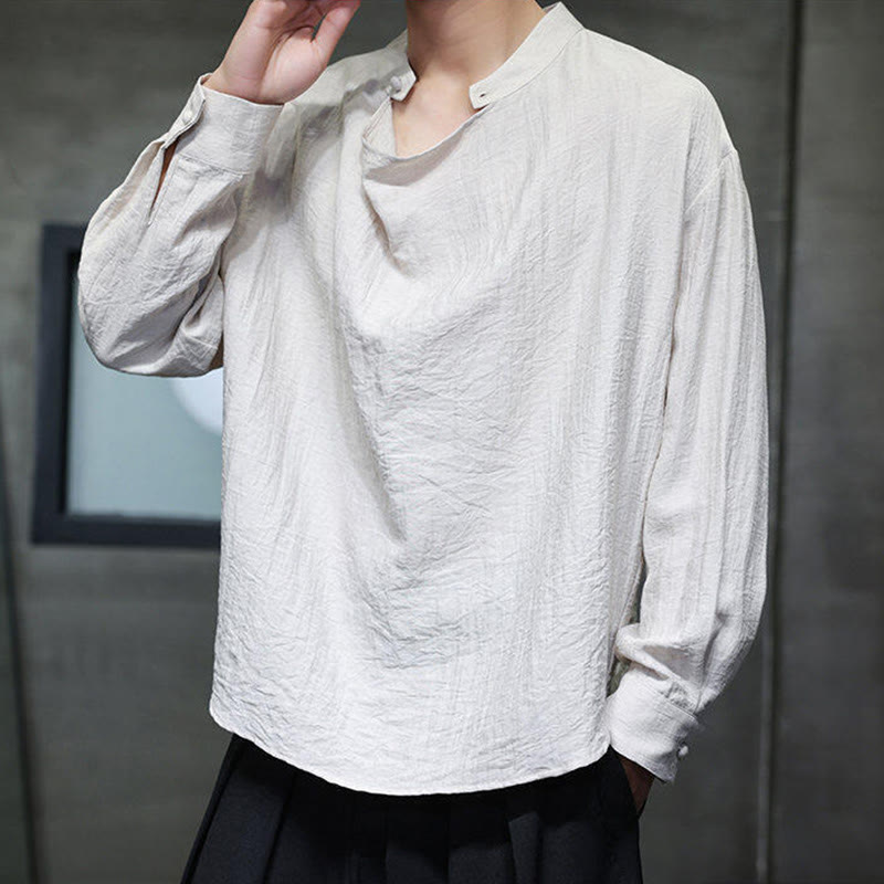 Buddha Stones Spring Solid Color Pleated Stand Collar Design Tang Suit Men's Long Sleeve Linen Shirt - image 20