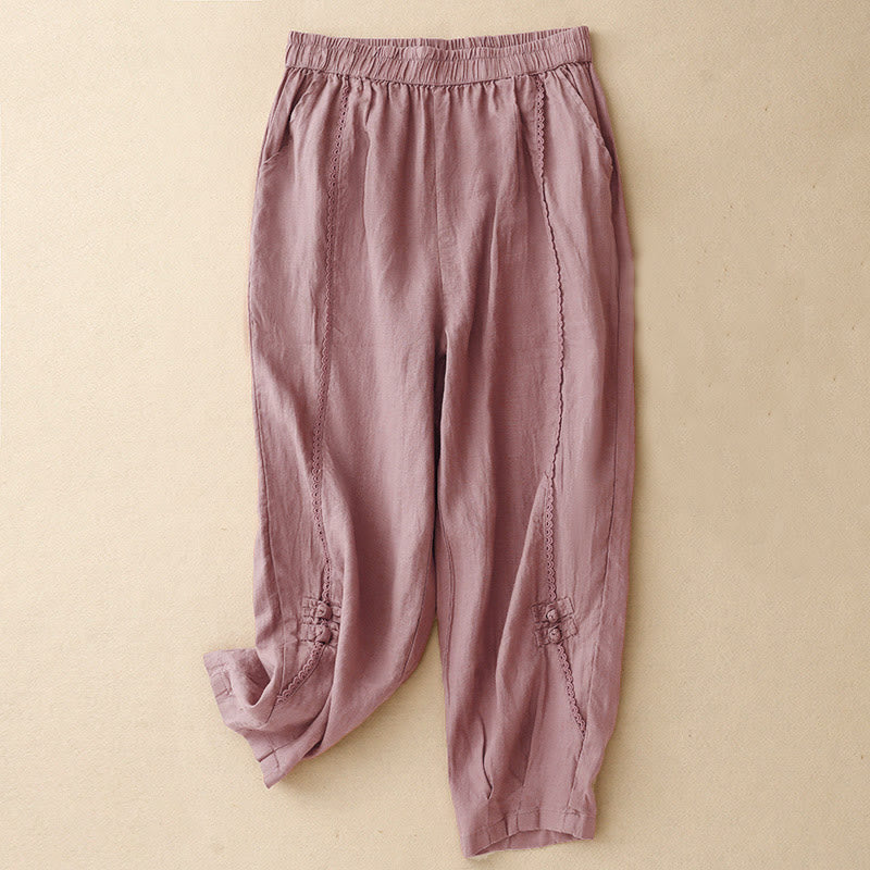 Buddha Stones Summer Frog-Button Lace High Waist Women's Cotton Linen Pants With Pockets - PaleVioletRed - US8-10，UK/AU12-14，EU40-42 (2XL) - image 9