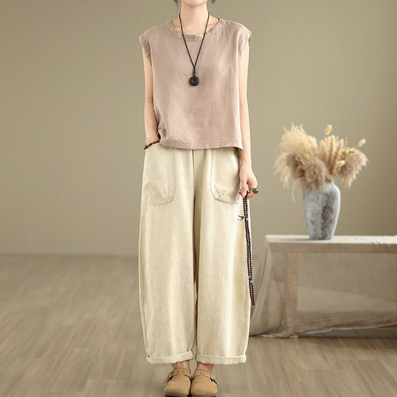 Buddha Stones Casual Daily Plain Simple Design Women's Cotton Linen Harem Pants With Pockets - image 1