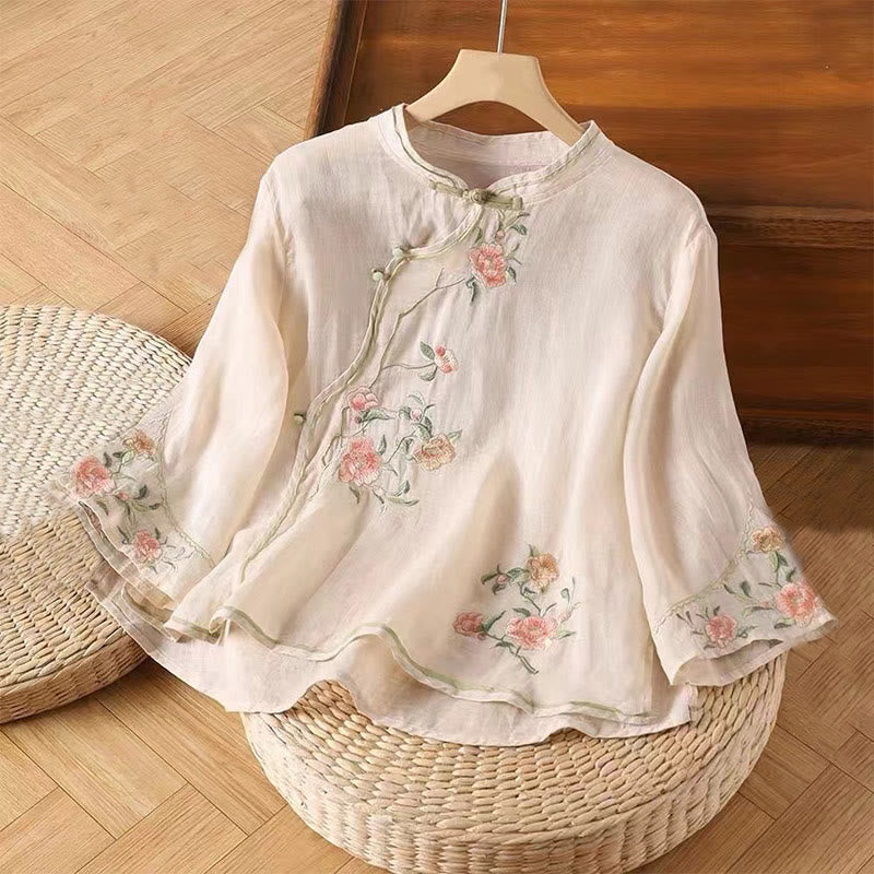 Buddha Stones Casual Vintage Embroidery Flower Pattern Chinese Frog-Button Crew Neck Design Women's Cotton Linen Shirt - MistyRose - US12，UK/AU16，EU44 (3XL) - image 0