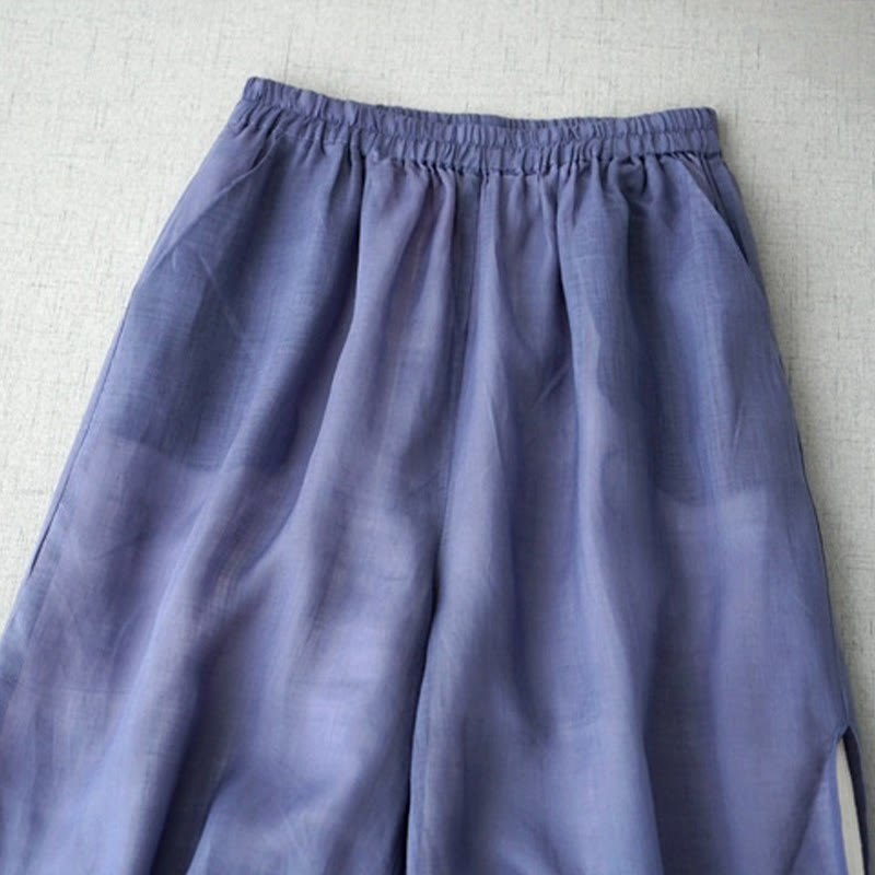 Buddha Stones Casual Plain Ramie Slit 7-8 Length Women's Wide Leg Pants With Pockets - image 1