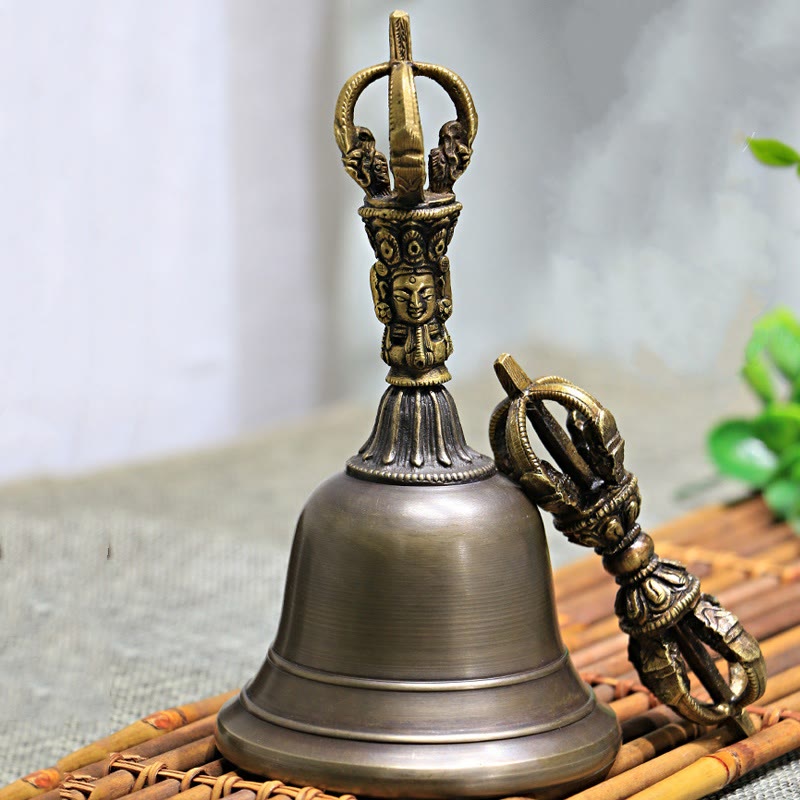 Buddha Stones 2Pcs Handmade Tibetan Meditation Bell and Vajra Dorje Copper Strength Decoration Set - image 1