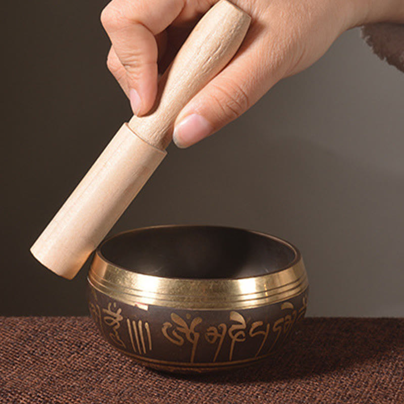 Buddha Stones Handmade Singing Bowl Buddha Eyes Scripture Pattern for Healing and Meditation Sound Bowl Set - image 7