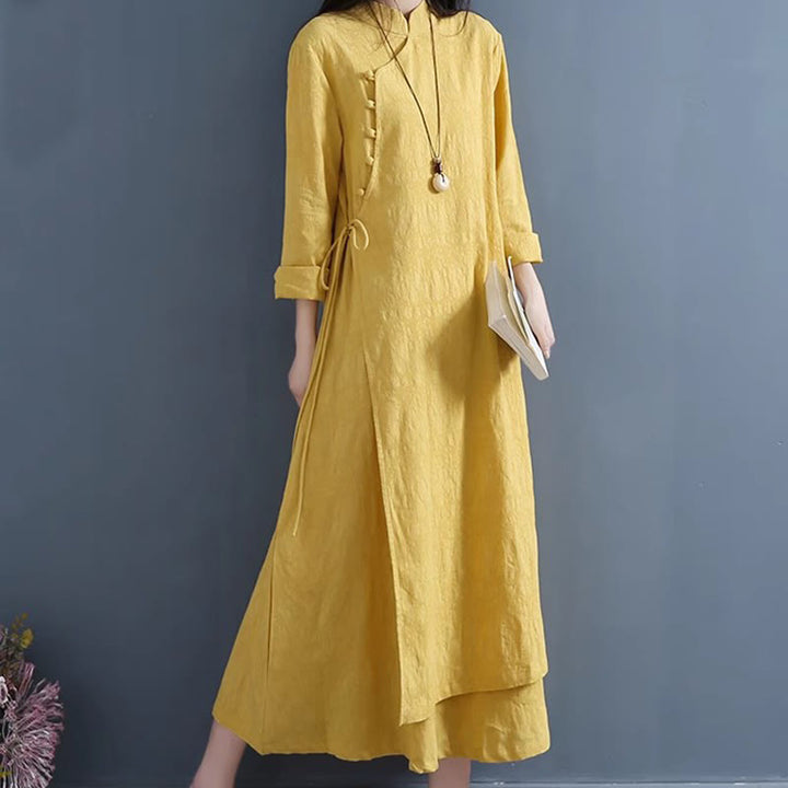 Buddha Stones Spring Casual Plain Frog-Button Design Side Lace-Up Midi Dress - image 5