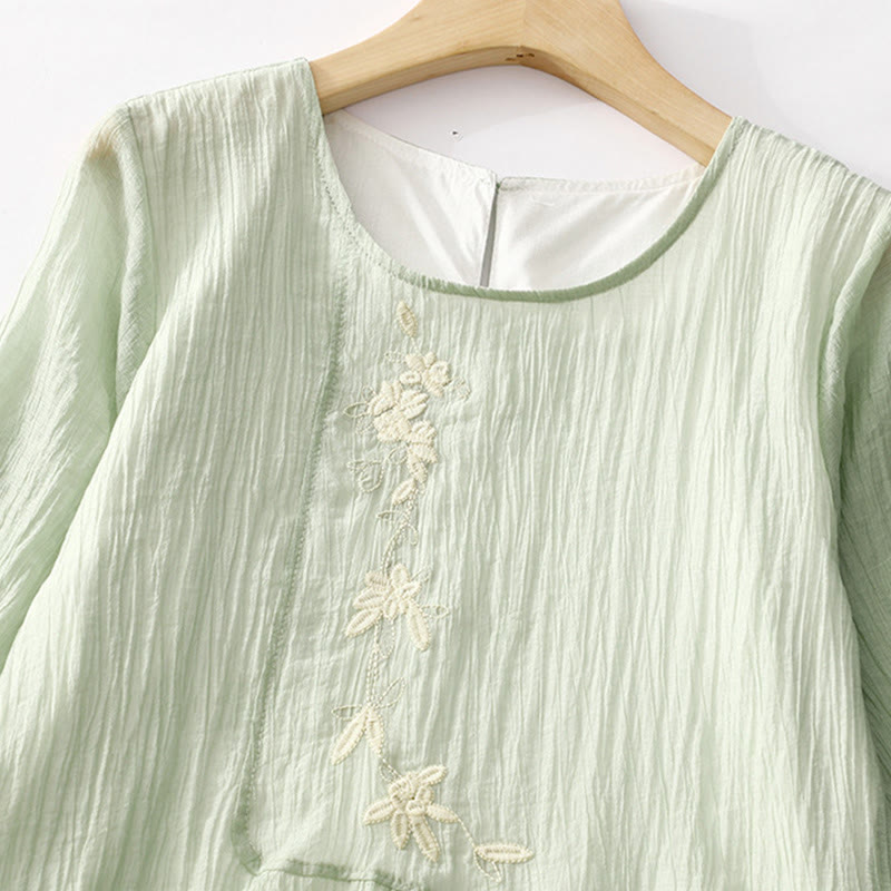 Buddha Stones Summer Casual Plain Embroidery Double Layer Short Sleeve Cotton Linen Midi Dress - image 1