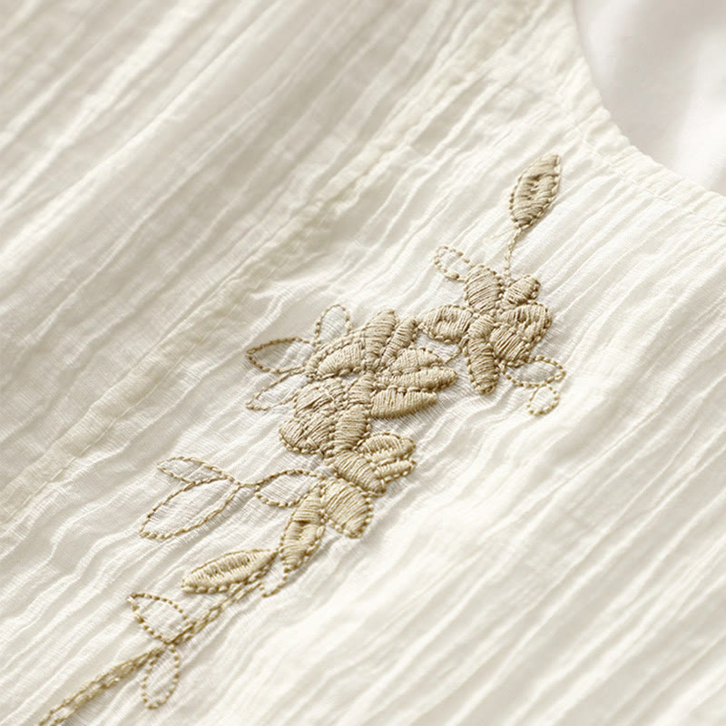 Buddha Stones Summer Casual Plain Embroidery Double Layer Short Sleeve Cotton Linen Midi Dress - image 12