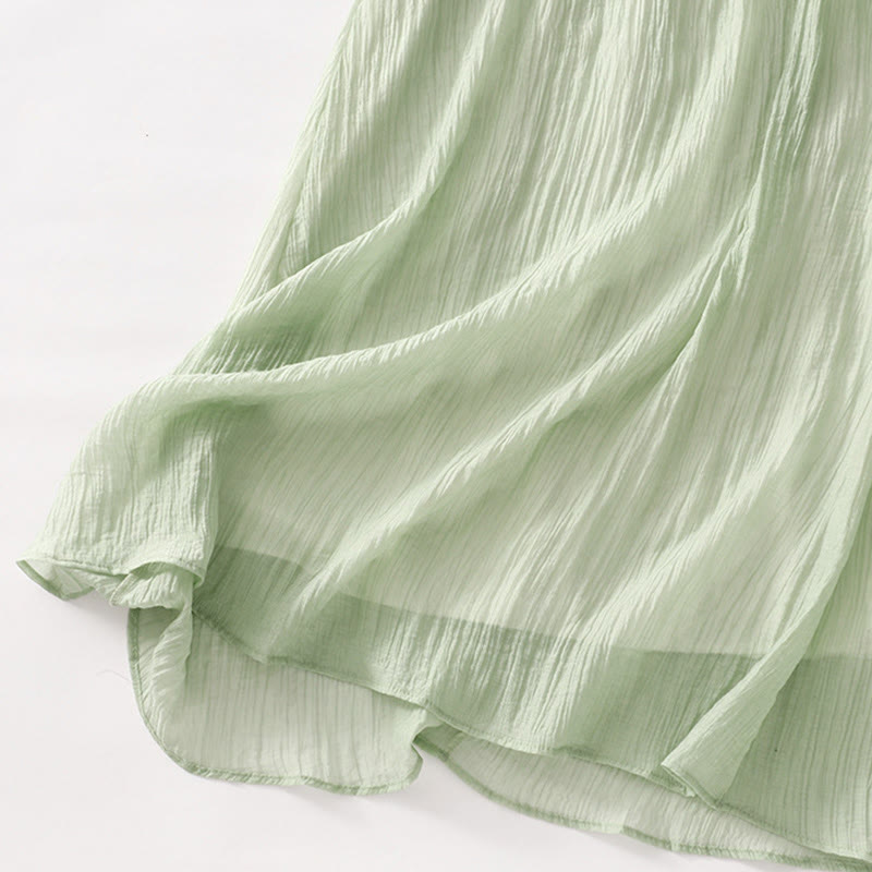 Buddha Stones Summer Casual Plain Embroidery Double Layer Short Sleeve Cotton Linen Midi Dress - image 7