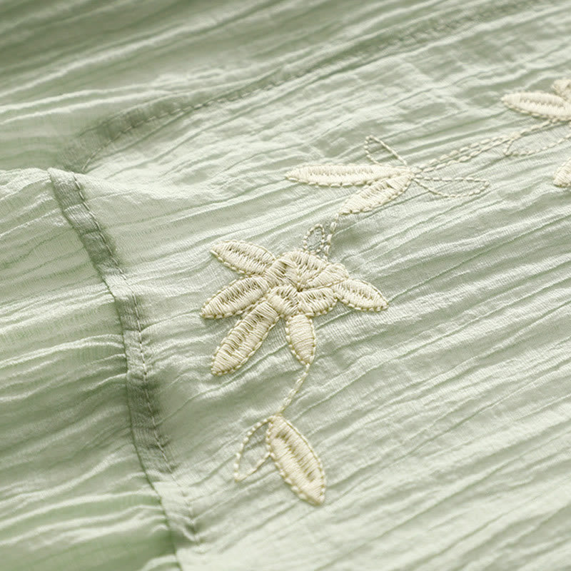 Buddha Stones Summer Casual Plain Embroidery Double Layer Short Sleeve Cotton Linen Midi Dress - image 2