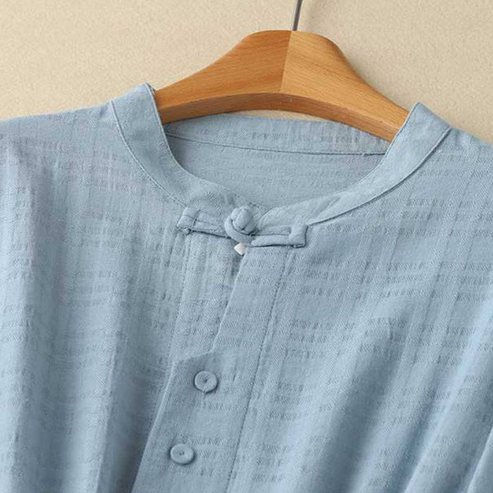 Buddha Stones Retro Solid Color Drawstring Frog-Button Design Long Sleeve Cotton Linen Midi Dress With Pockets - image 1