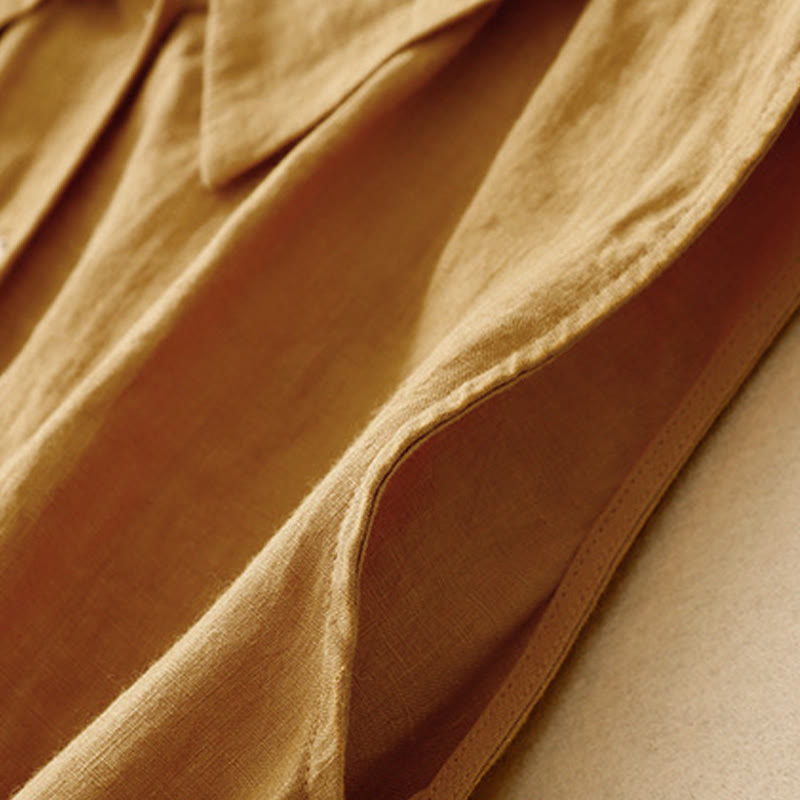 Buddha Stones Summer Plain Lace-up Button Front Design Lapel Sleeveless Cotton Midi Dress Cardigan - image 6