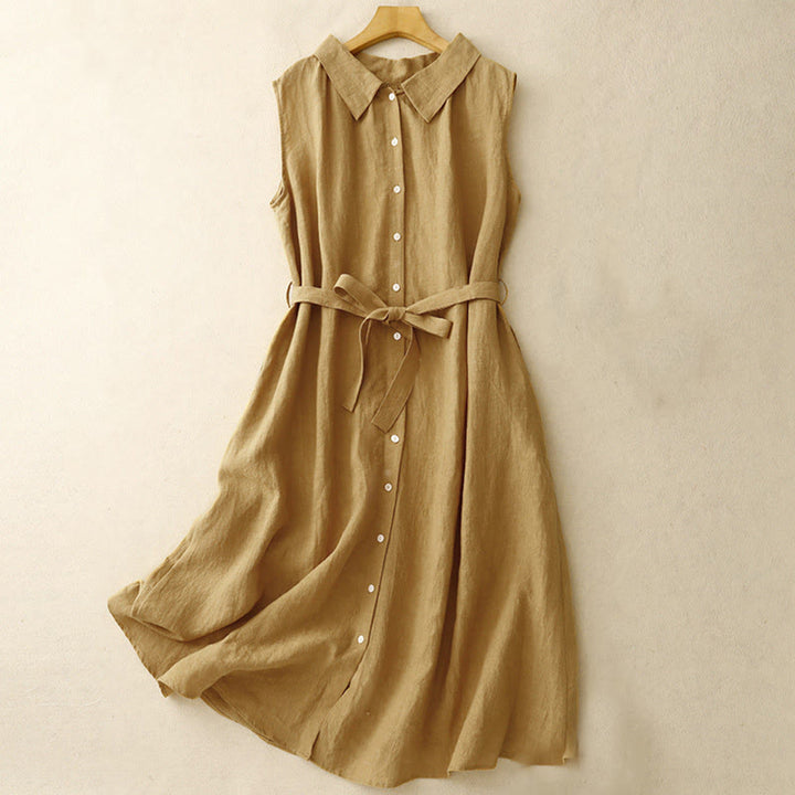 Buddha Stones Summer Plain Lace-up Button Front Design Lapel Sleeveless Cotton Midi Dress Cardigan - Goldenrod - US12，UK/AU16，EU44 (2XL) - image 0