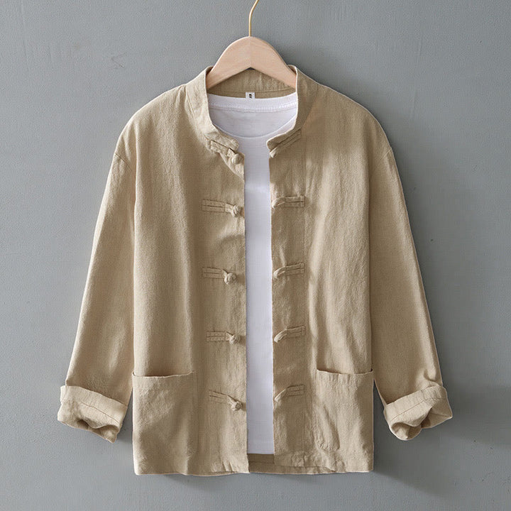 Buddha Stones Frog-Button Chinese Tang Suit Cotton Linen Men Shirt With Pockets - Beige - US/UK/AU50，EU60 (5XL) - image 22