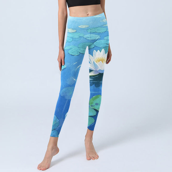 Buddha Stones White Lotus Flower Green Lotus Leaves Pattern Print Gym Leggings Women's Yoga Pants - image 5