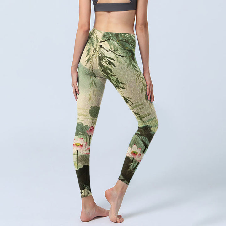 Buddha Stones Pink Lotus Flower Lotus Leaves Willow Branch Pattern Print Gym Leggings Women's Yoga Pants - image 3