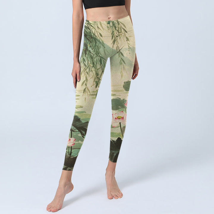 Buddha Stones Pink Lotus Flower Lotus Leaves Willow Branch Pattern Print Gym Leggings Women's Yoga Pants - image 5
