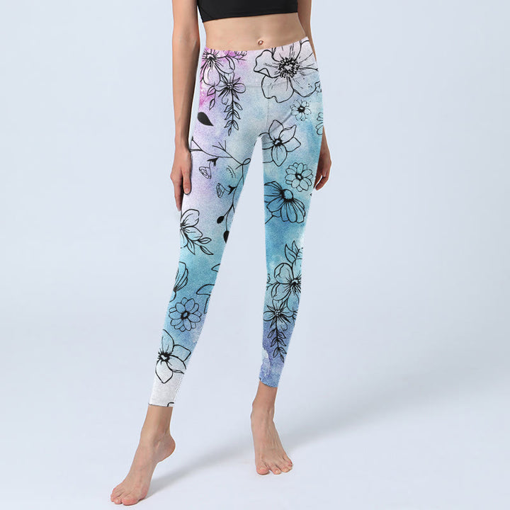 Buddha Stones Black Line-Drawn Flower Leaves Pattern Print Gym Leggings Women's Yoga Pants - image 5