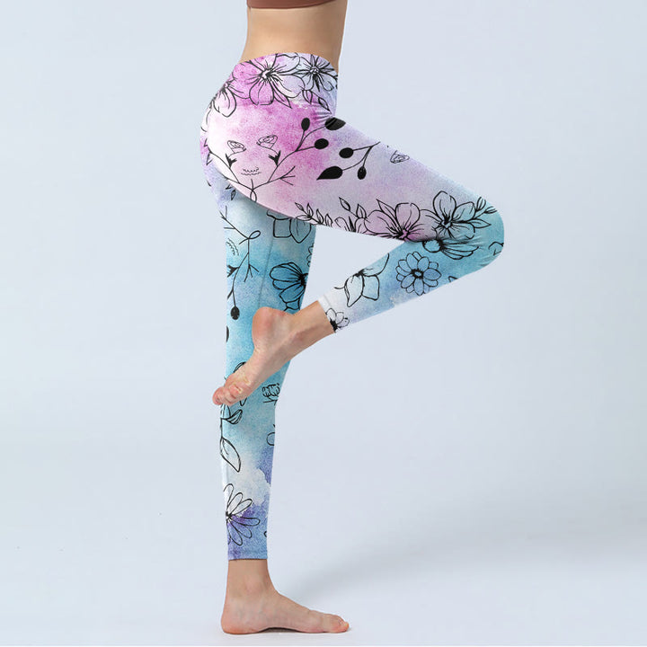 Buddha Stones Black Line-Drawn Flower Leaves Pattern Print Gym Leggings Women's Yoga Pants - image 4