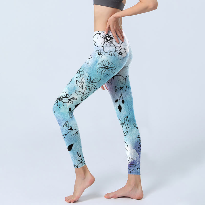 Buddha Stones Black Line-Drawn Flower Leaves Pattern Print Gym Leggings Women's Yoga Pants - image 2