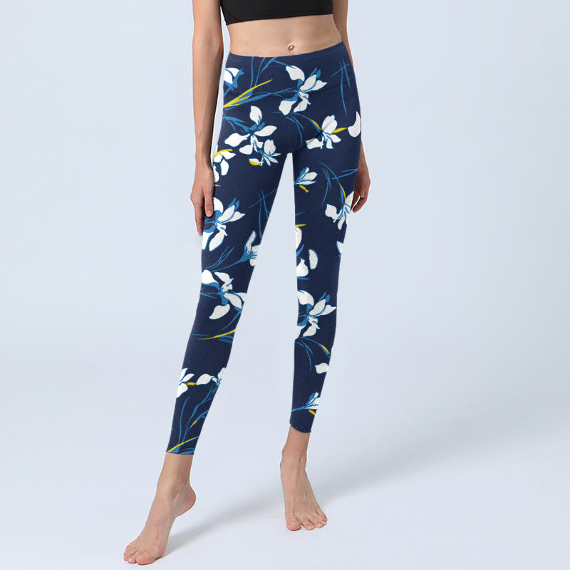 Buddha Stones White Blossom Leaves Pattern Print Gym Leggings Women's Yoga Pants - image 5