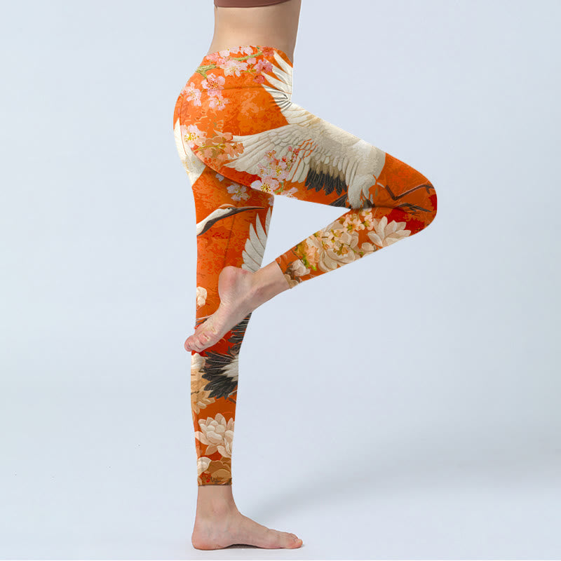 Buddha Stones Red-Crowned Crane Cherry Blossom Lotus Flower Pattern Print Gym Leggings Women's Yoga Pants - image 4
