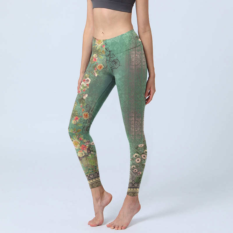 Buddha Stones Vintage Floral Garland Lace Damask Pattern Print Gym Leggings Women's Yoga Pants - MediumSeaGreen - US18，UK/AU22，EU50 (4XL) - image 0