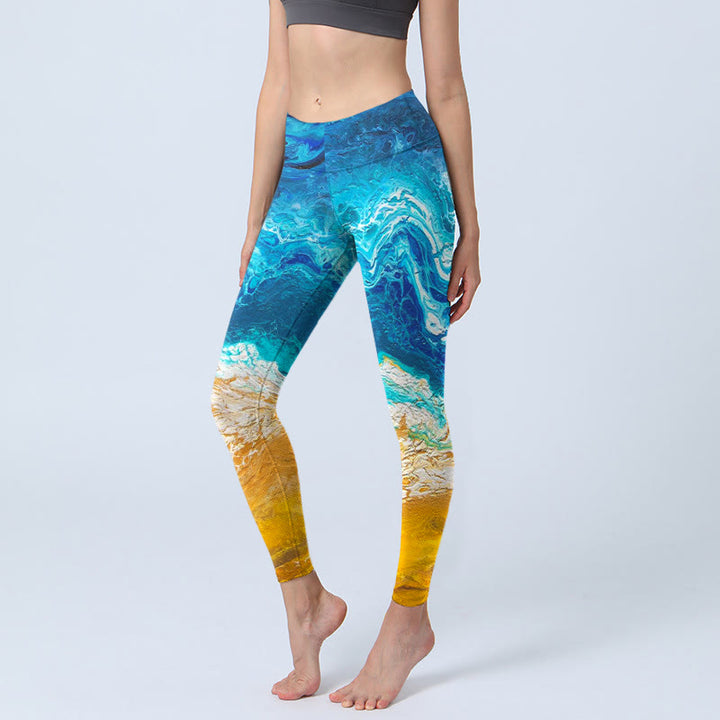 Buddha Stones Ocean Wave Golden Shore Pattern Print Gym Leggings Women's Yoga Pants - MediumBlue - US18，UK/AU22，EU50 (4XL) - image 0