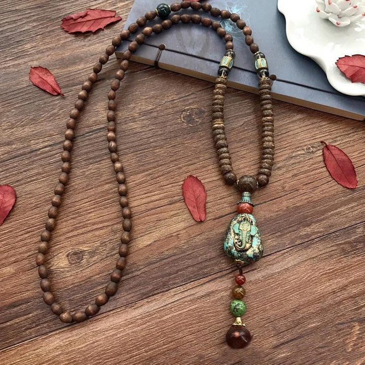 Buddha Stones Tibetan Handmade Wenge Wood Protection Dzi Bead Elephant Head Necklace Pendant - image 10