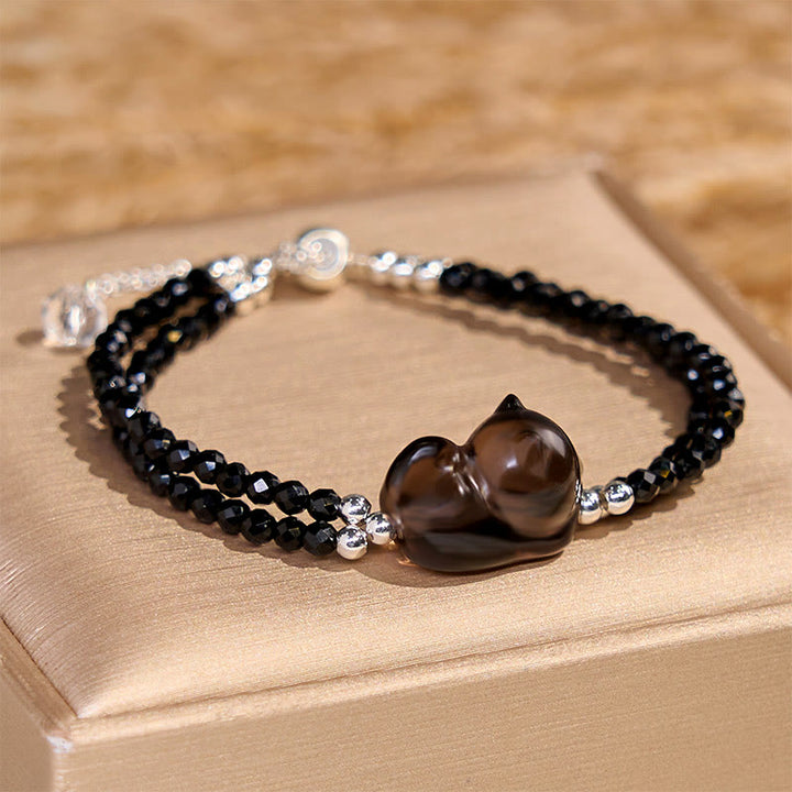 Buddha Stones Ice Obsidian Black Spinel Lying Cat Courage Double Layer Bracelet - image 2